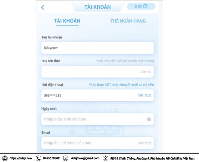 Xác thực tài khoản và thẻ ngân hàng để rút tiền 8Day
